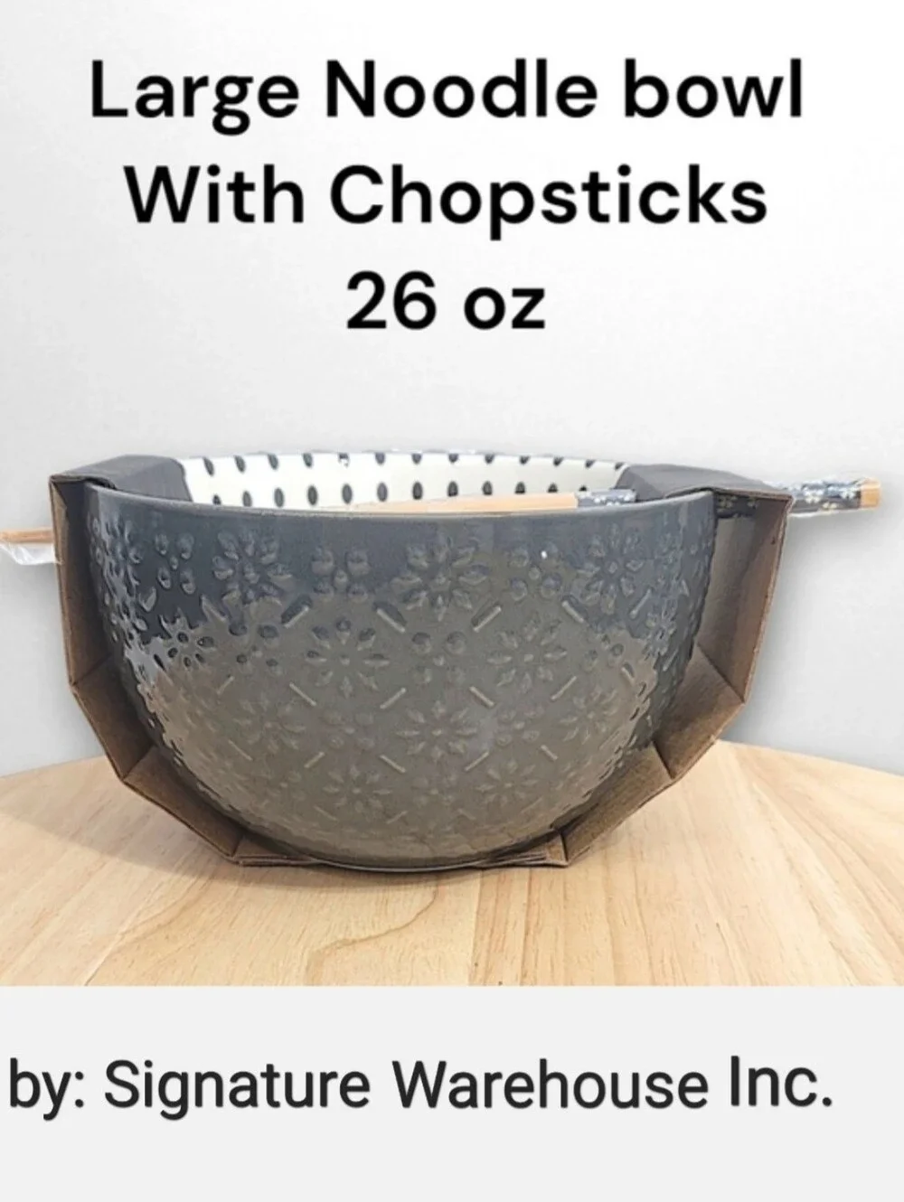 Signature Warehouse Inc. 26 oz Black Ceramic Noodle Bowl with Chopsticks